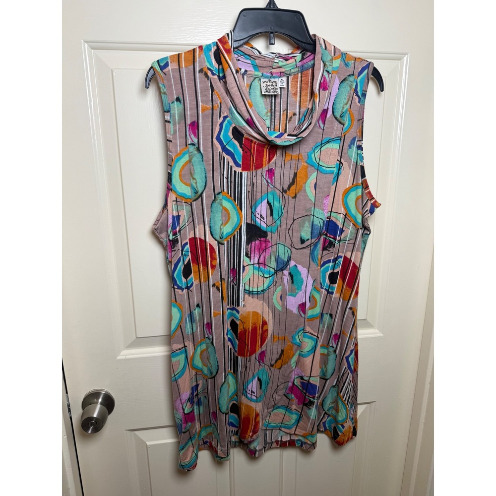 Parsley & Sage Sleeveless Tunic Top XL Multi Color Abstract Cowl Neck Rayon